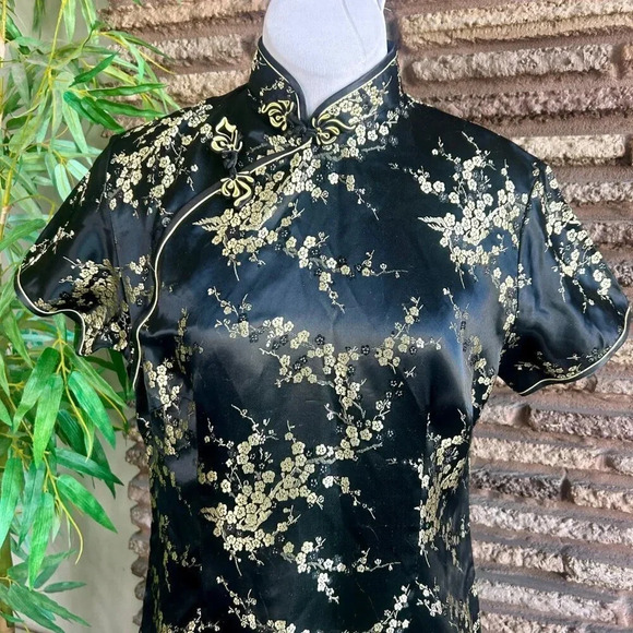 Stephen's Collection Black Gold Cherry Blossom Cheongsam Maxi Dress Size 4 - Picture 5 of 7